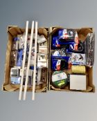 Two boxes of new electrical sockets and consumables, tools, cable spirals, cooker sockets,