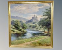 20th century school : Castle within a valley, oil on board, indistinctly signed, 94cm by 91cm.