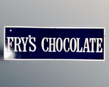 A Fry's Chocolate enamelled sign on blue ground, with white border,