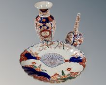 A Chinese Imari scalloped edged bowl together with two vases