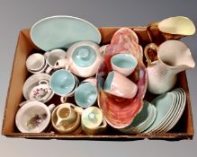 A box of ceramics : Maling jug, Radford jug and bowl, Poole tea ware,
