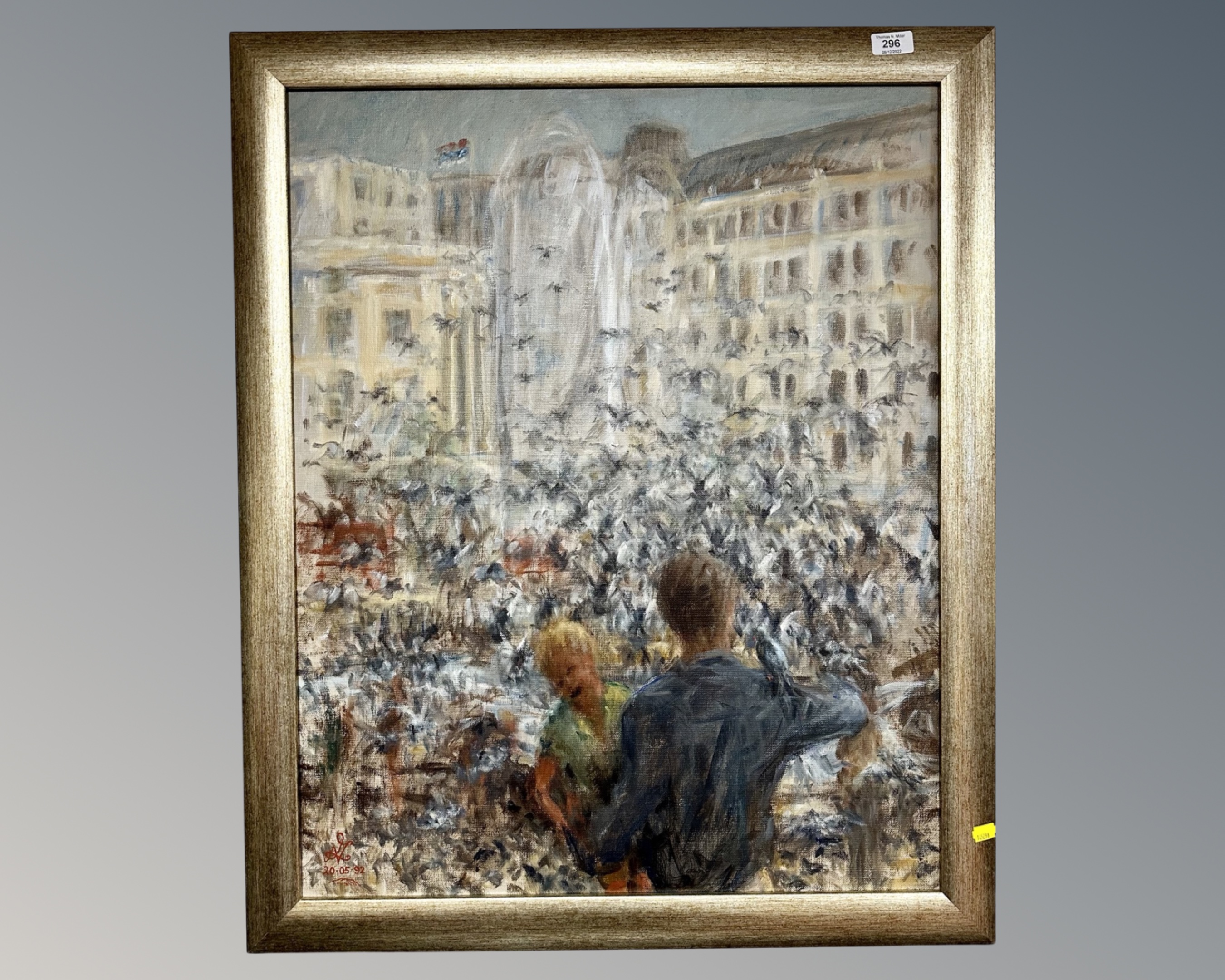 Contemporary School : Two Figures in a City Square with Pigeons, textured print on canvas,