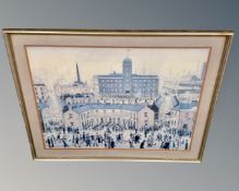 After L S Lowry : Busy street scene, colour print, 60cm by 45cm.