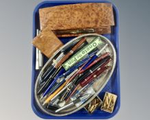 A silver plated gallery tray, quantity of vintage and later pens including gold nibbed examples,