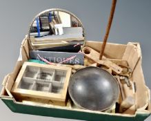 A box of Bakelite bowl, brass stand, wooden tea box,