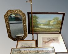 An embossed brass framed mirror, a signed horse racing print,
