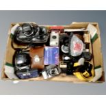 A box of cameras and camera equipment : Olympus CM10 with lens in case, Kodak Brownie,