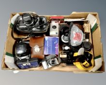 A box of cameras and camera equipment : Olympus CM10 with lens in case, Kodak Brownie,