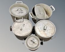 Five aluminium cooking pots with lids (as found)