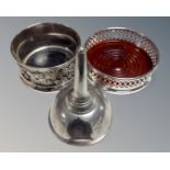 An antique French pewter wine funnel together with two silver plated wine coasters