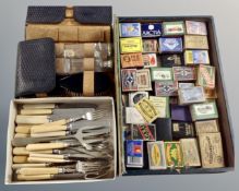 A box of match boxes and a vintage gent;