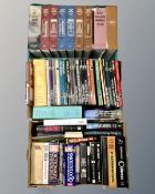 Three boxes of hard back books : art sales, reference, novels, dictionaries, cameras,