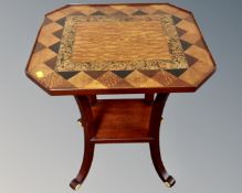 A Chapmans Siesta Regency style two tier occasional table with marquetry top