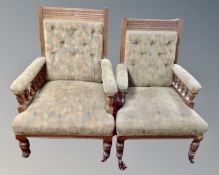 A pair of Edwardian oak lady's & gent's open armchairs