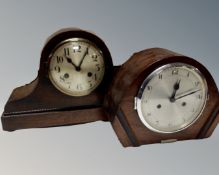 An oak cased 1930's eight day mantel clock with silvered dial and a one further