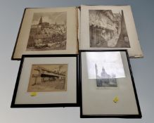 A folio of old Newcastle reproduction prints and an etching of Newcastle town hall & Bigg Market
