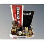 A box of brewery ephemera : drinking glasses, bottles, cans, four Scotch whiskey tins,