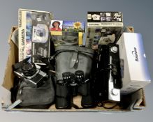 A box of vintage and later cameras, Miranda binoculars, Binatone telephone,