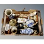 A box of antique and later ceramics : Chinese crackle glazed blue and white vases, teapot,