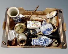 A box of antique and later ceramics : Chinese crackle glazed blue and white vases, teapot,