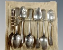 A set of five 19th century silver teaspoons together with a further spoon and two continental forks