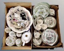 Two boxes of china : Indian Tree pattern dinner ware, Wedgwood plates, ash bowl,