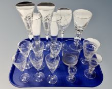 A tray of assorted drinking glasses : pair of Stuart crystal champagne flutes,