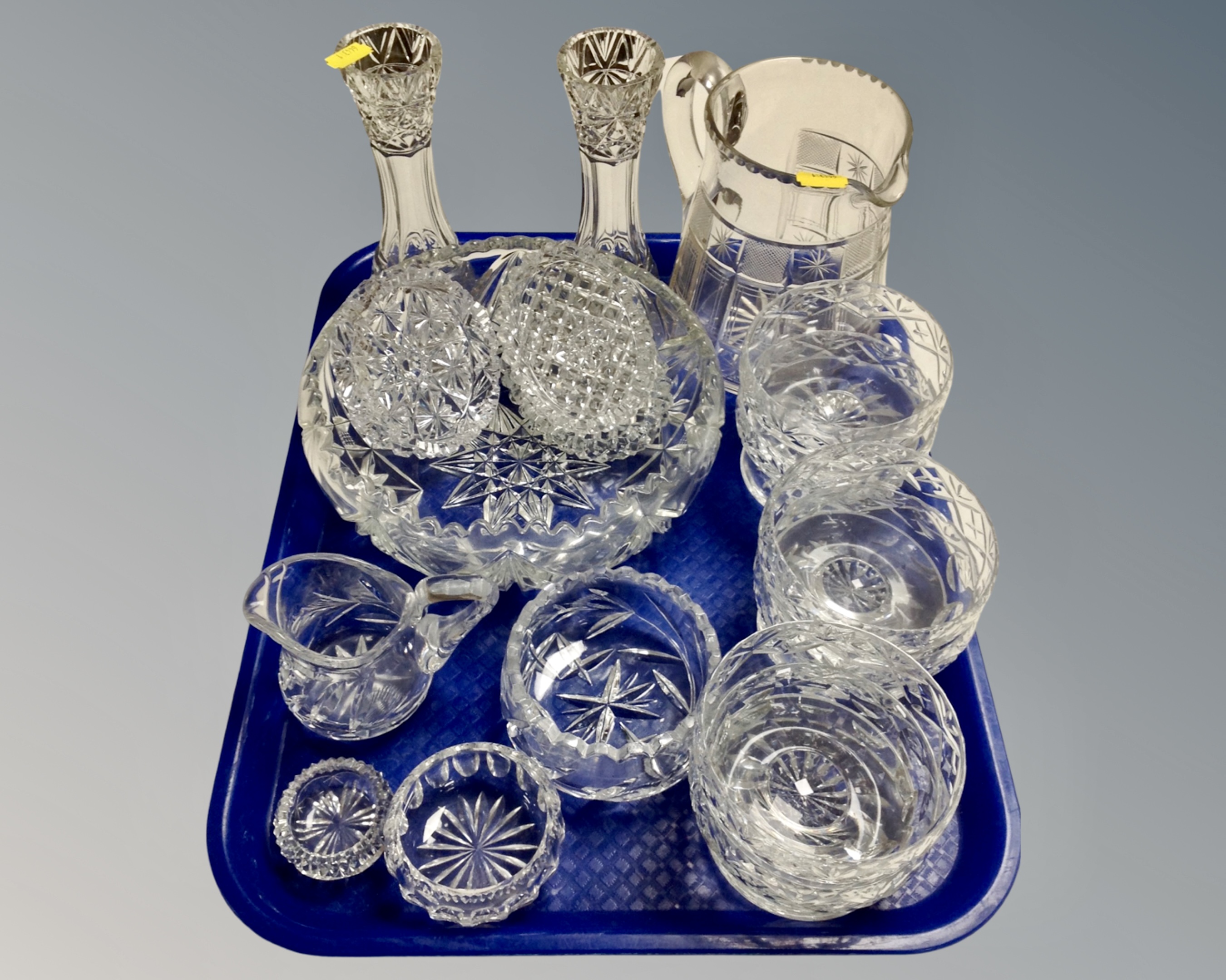 A tray of glass ware : six cut glass grapefruit dishes, jug, vases,