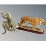 Two large Leonardo Collection figures : snake on a branch and a tiger on a plinth