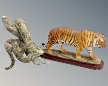 Two large Leonardo Collection figures : snake on a branch and a tiger on a plinth