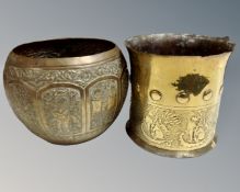 An antique East Indian plant pot and a further 19th century brass pot