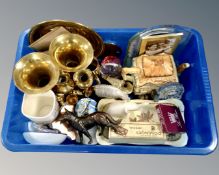 A box of Eastern brass vases, metal Alsatian figure, dominoes, cottage ware teapot,