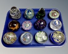 A tray of twelve glass paperweights : Caithness, Wedgwood,