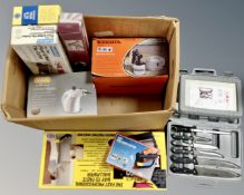 A large box of wall paper paster, tile cutter, paper cutter, electric spray gun, knife sets,
