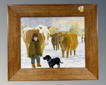 Chris Patterson : A Lady with Horse, Cows and Labrador in a Snowy Field, oil on board, signed,