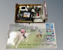 A horse racing Derby game, box of electricals : digital cam corder, camera, photo frames,