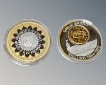 Two large silver and gold plated commemorative coins