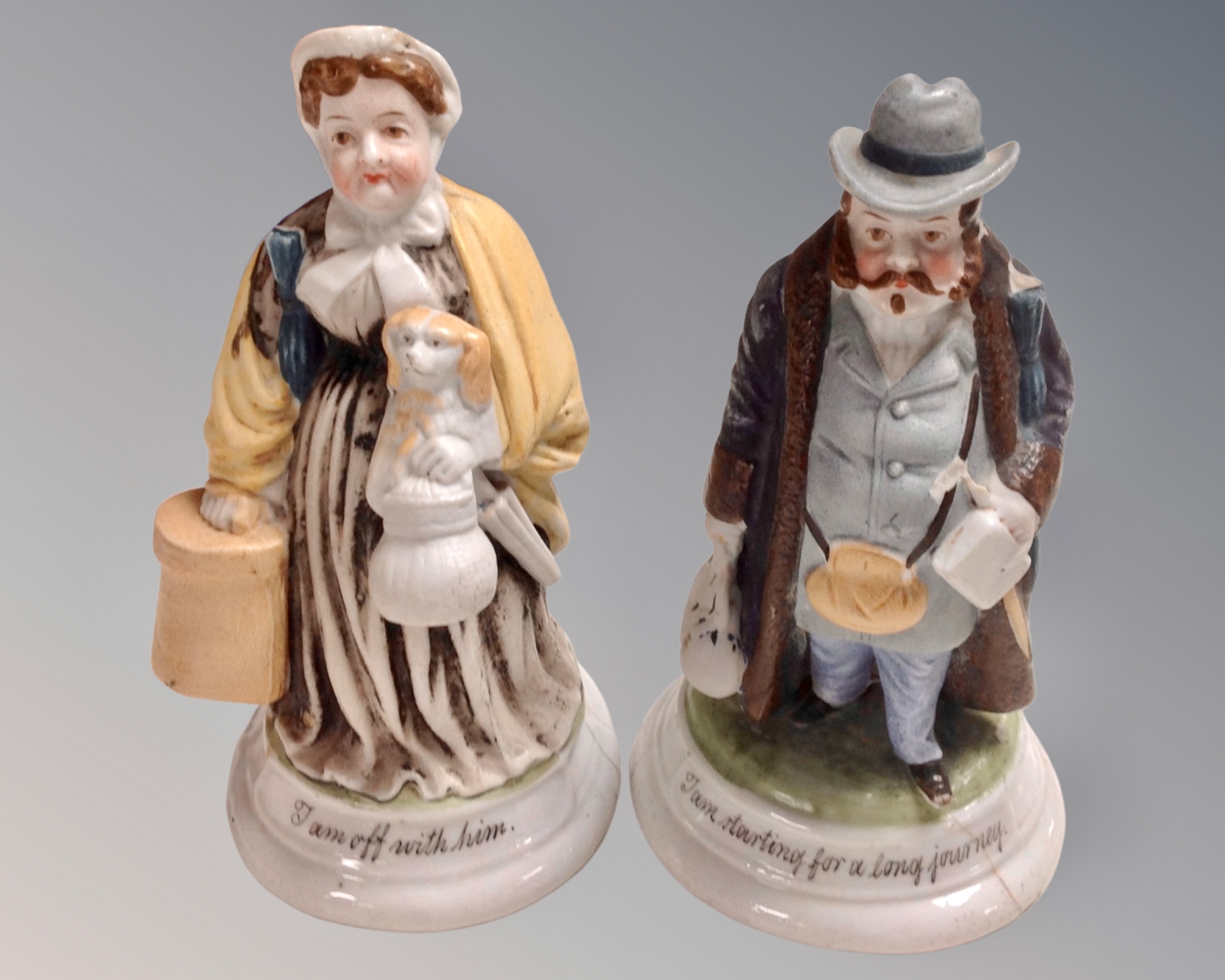 A pair of Victorian china figural fairings 'I am starting for a long journey' and 'I ran off with