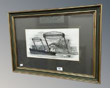 After P. Bainbridge : Boats on a river, monochrome print, in frame and mount, 37cm by 20cm.