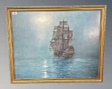 After Montague Dawson, print of a tall ship in moonlight,