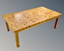 A Scandinavian block pine rectangular coffee table.