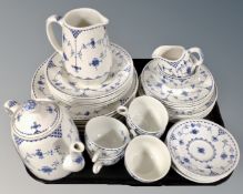 Approximately 40 pieces of Furnivals Denmark patterned blue and white tea and dinner china.