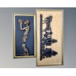 Two Robert Olley relief plaques depicting miners, in frames.
