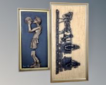 Two Robert Olley relief plaques depicting miners, in frames.