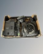 A collection of photographic equipment including Asahi Pentax SP 500 and two slide projectors.