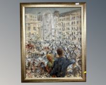 Contemporary School : Two Figures in a City Square with Pigeons, textured print on canvas,