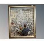 Contemporary School : Two Figures in a City Square with Pigeons, textured print on canvas,