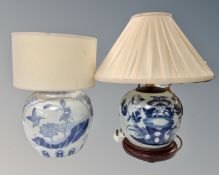 Two Chinese blue and white vases converted to table lamps