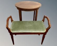 An oval inlaid mahogany occasional table together with a beech wood window stool.