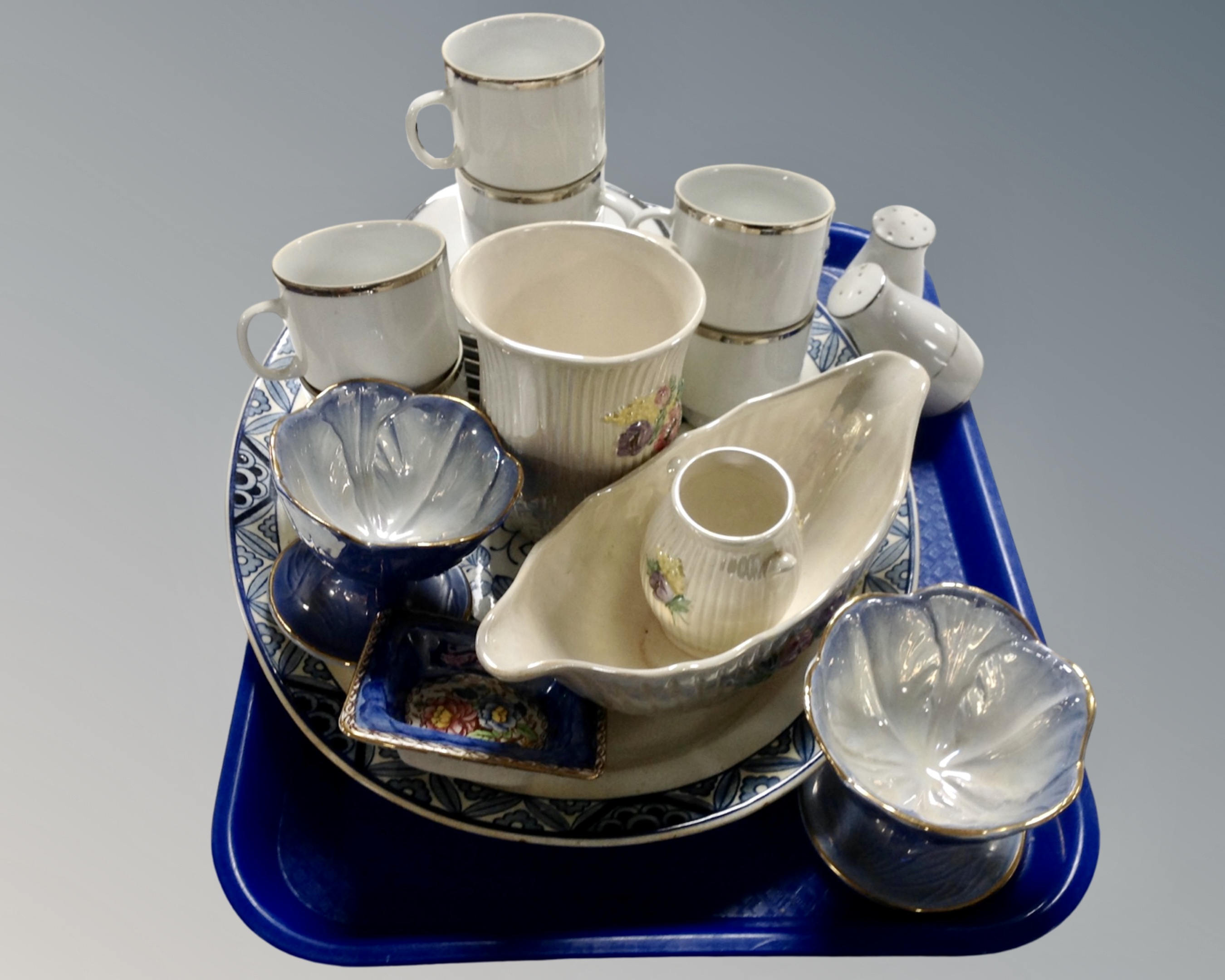 A tray containing a pair of Maling lustre sundae dishes, further Maling lustre wares,